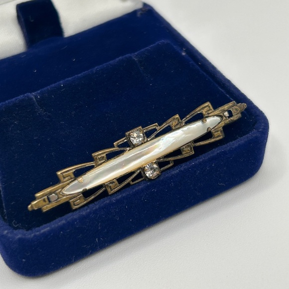 Art Nouveau Bar Pin Brooch Mother of Pearl and Crystal Rhinestones Rare Antique - Picture 3 of 11